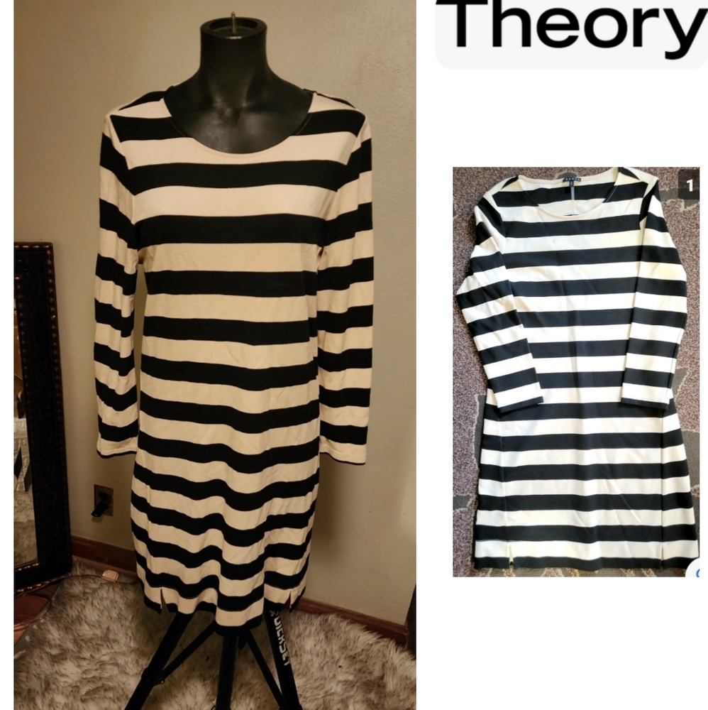 Theory Black/Cream Stripe Three Quarter Sleeve Crew Neck Stretch Dress.  Sz Med - Picture 5 of 5